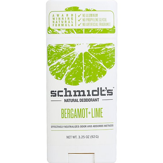 Schmidts Deodorant Stick Natural Bergamot Lime - 3.25 Oz