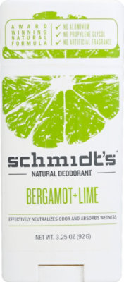 Schmidts Deodorant Stick Natural Bergamot Lime - 3.25 Oz