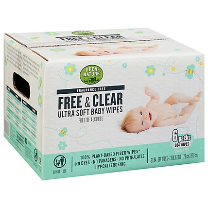 Open Nature Free & Clear Baby Wipes Ultra Soft Fragrance Free - 6-64 Count - Image 1