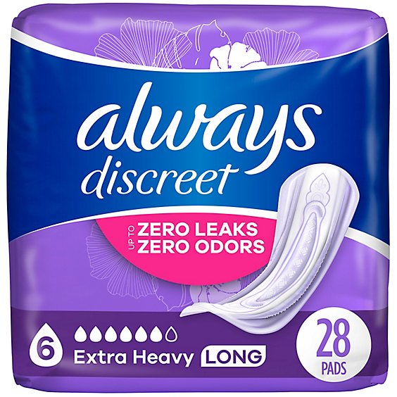 Always Discreet Extra Heavy Long Up to 100% Leak Free Protection Incontinence Pads - 28 Count