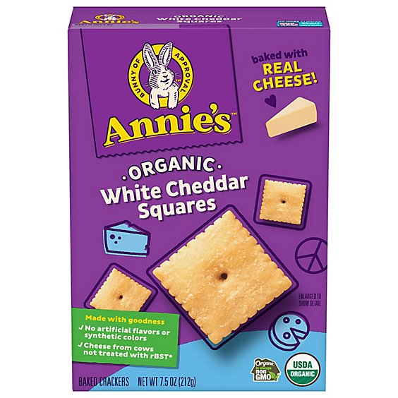 Annies Homegrown Crackers Organic Baked Snack White Cheddar Squares Box - 7.5 Oz
