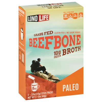 Lono Life Bone Broth Paleo Gluten-Free Gass Fed Beef Stick Packs - 4-0.53 Oz