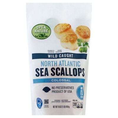 Open Nature Sea Scallops North Atlantic Wild Caught Colossal Under 15 Count - 16 Oz