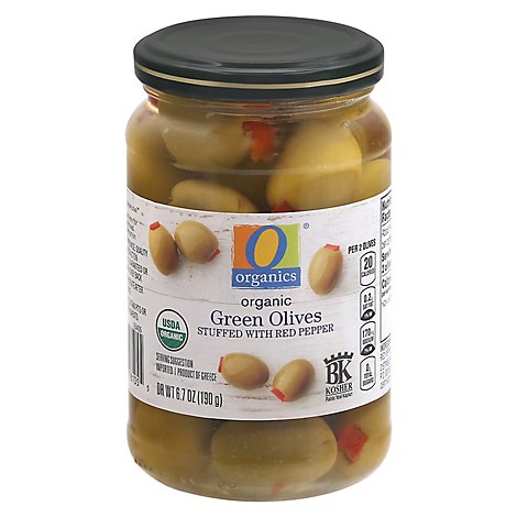 O Organics Organic Olives Green Stuffed With Red Pepper - 6.7 Oz