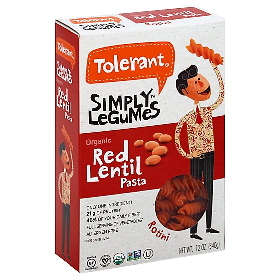 Tolerant Pasta Organic Red Lentil Rotini Box - 12 Oz