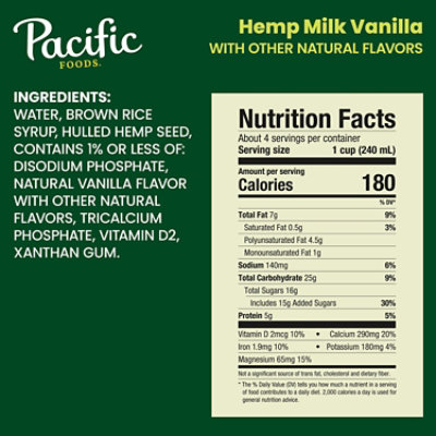 Pacific Foods Vanilla Hemp Milk - 32 Fl. Oz. - Image 2