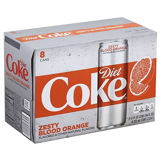 Diet Coke Soda Pop Zesty Blood Orange Flavored 8 Count - 12 Fl. Oz.