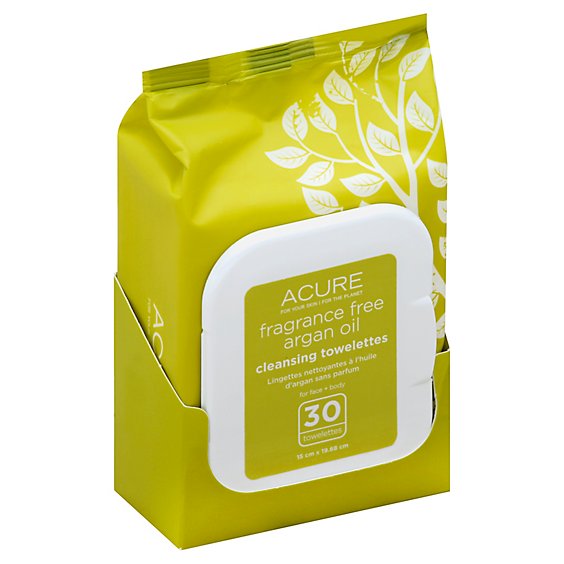 Acure Cleansing Towelettes Fragrance Free Argan Oil For Face Plus Body - 30 Count
