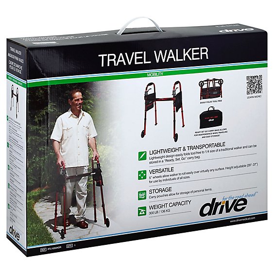 Drive Medical Travel Walker With 5in Wheels Red - Each