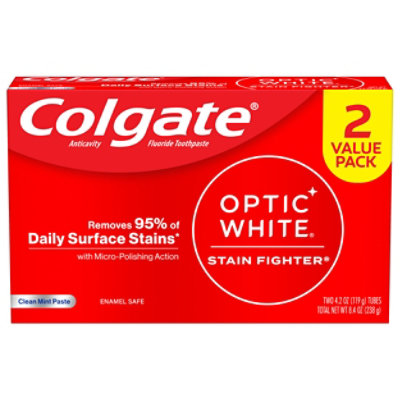 Colgate Optic White Stain Fighter Teeth Whitening Toothpaste Clean Mint Paste - 2-4.2 Oz