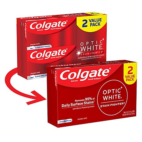 Colgate Optic White Stain Fighter Teeth Whitening Toothpaste Clean Mint Paste - 2-4.2 Oz