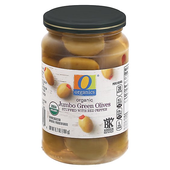 O Organics Olives Green Jumbo Stuffed W Red Pepper - 6.7 Oz