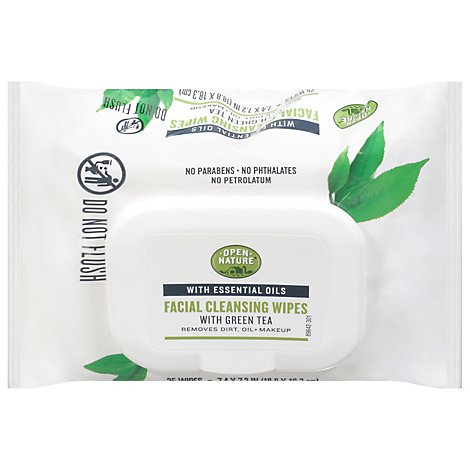 Open Nature Facial Cleansing Wipes With Green Tea Essential Oils - 25 Count
