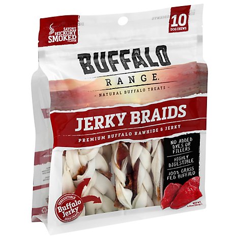 Buffalo Range Dog Treats All Natural Buffalo Rawhides Jerky Braids Bag 10 Count - 9.25 Oz