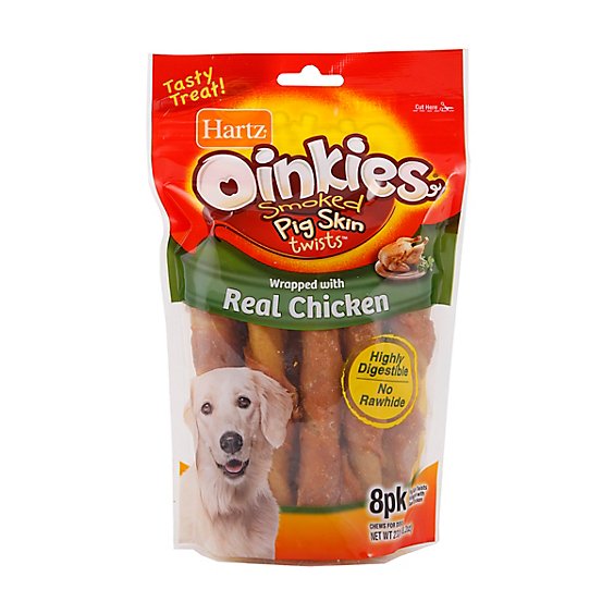 Hartz Oinkies Chews For Dogs Pig Skin Twists Wrapped With Real Chicken - 8 Count