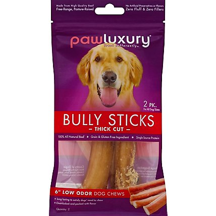 Pawluxury Dog Chew Bully Sticks Thick Cut 6 Inch Low Odor Pouch - 2 Count - Image 1