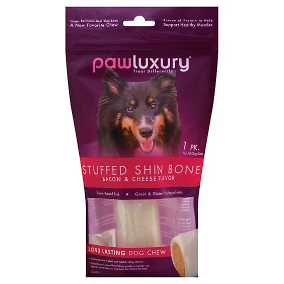 Pawluxury Dog Chew Long Lasting Stuffed Shin Bone Bacon & Cheese Flavor Recipe Pouch - Each