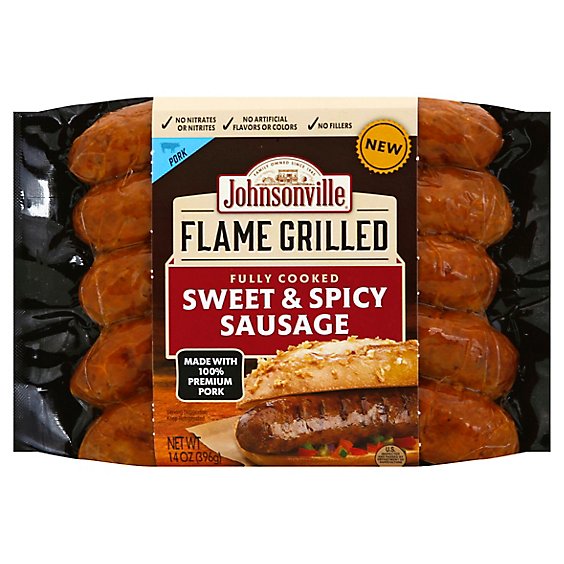 Johnsonville Flame Grilled Sausage Sweet & Spicy Pork Natural Casing 5 Links Fully Cooked - 14 Oz