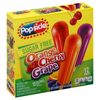 Popsicle Ice Pops Sugar Free Orange Cherry Grape - 12 Count