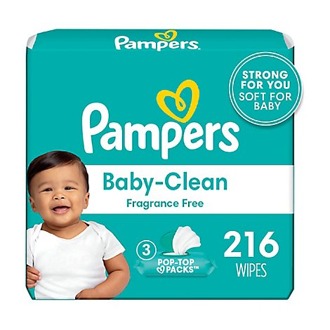 Pampers Baby Wipes Fragrance Free 3 Pop Top Pack - 216 Count