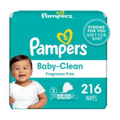 Pampers Baby Wipes Fragrance Free 3 Pop Top Pack - 216 Count