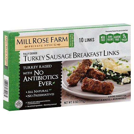 Mill Rose Farm Turkey Sausage All Natural Breakfast Link Skinless Cooked - 6 Oz