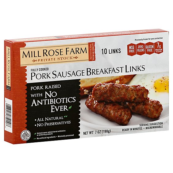 Mill Rose Farm Pork Sausage All Natural Breakfast Link Skinless Cooked - 7 Oz