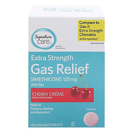 Signature Care Gas Relief Simethicone 125mg Extra Strength Cherry Creme Tablet - 48 Count