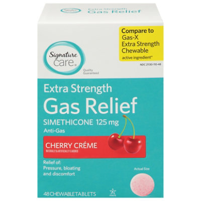 Signature Care Gas Relief Simethicone 125mg Extra Strength Cherry Creme Tablet - 48 Count