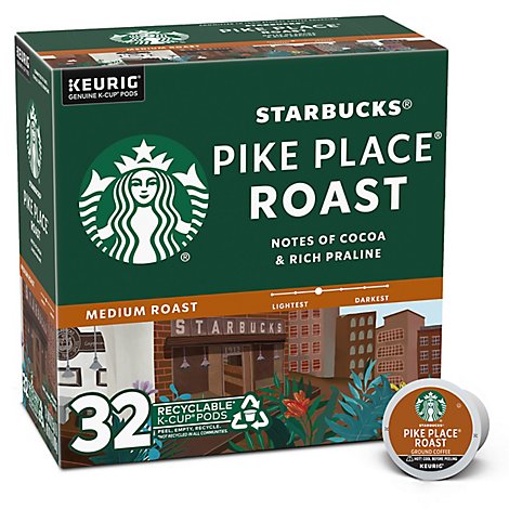 Starbucks Coffee K-Cup Pods Medium Roast Pike Place Roast Box - 32-0.44 Oz