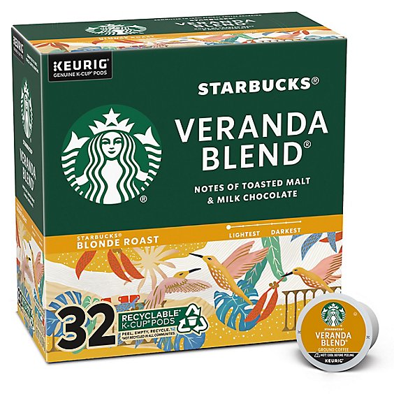Starbucks Veranda Blend 100% Arabica Blonde Roast K Cup Coffee Pods Box 32 Count - Each