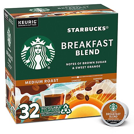 Starbucks Breakfast Blend 100% Arabica Medium Roast K Cup Coffee Pods Box 32 Count - Each