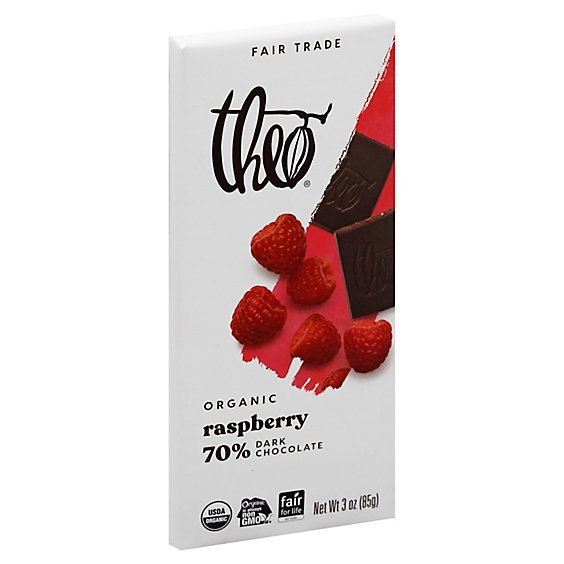 Theo Chocolate Organic Fair Trade Dark Chocolate Raspberry Wrapper - 3 Oz