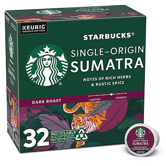 Starbucks Sumatra 100% Arabica Dark Roast K Cup Coffee Pods Box 32 Count - Each