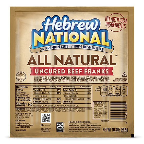 Hebrew National All Natural Uncured Beef Franks Hot Dogs -6-10.3 Oz