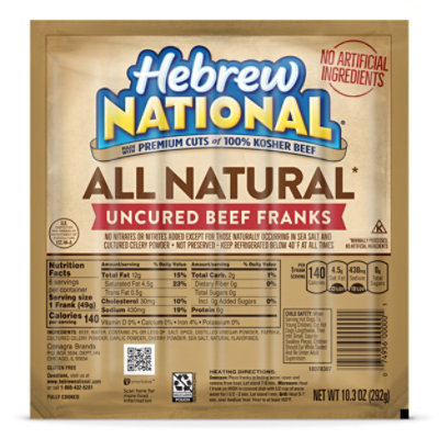 Hebrew National All Natural Uncured Beef Franks Hot Dogs -6-10.3 Oz - Image 1