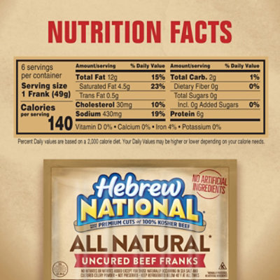 Hebrew National All Natural Uncured Beef Franks Hot Dogs 6 10.3 Oz safeway