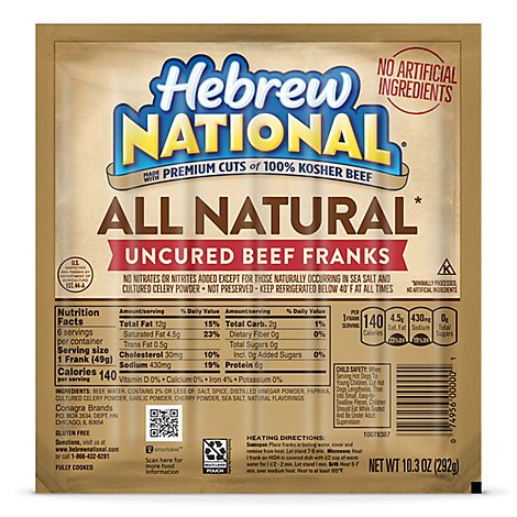 Hebrew National Beef Franks All Natural - 10.3 Oz