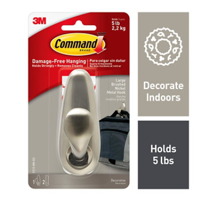 3M Command Hook Brushed Nickel Large 1 Hook 2 Strips - Each