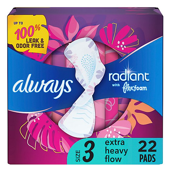 Always Radiant Pads Extra Heavy Flow Absorbency Scented Size 3 - 22 Count