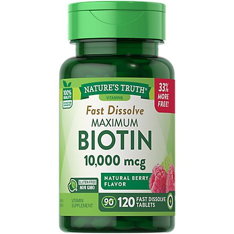 Natures Truth Vitamins Tablets Maximum Biotin Fast Dissolve Berry Flavor 10000 Mcg - 120 Count