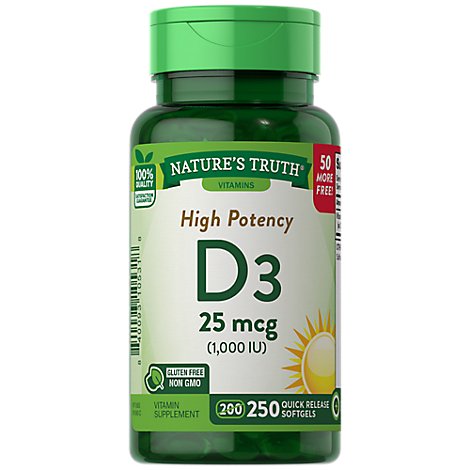 Natures Truth Vitamin D3 25 mcg 1000 IU High Potency Softgels - 250 Count