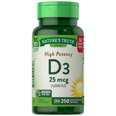 Natures Truth Vitamin D3 25 mcg 1000 IU High Potency Softgels - 250 Count