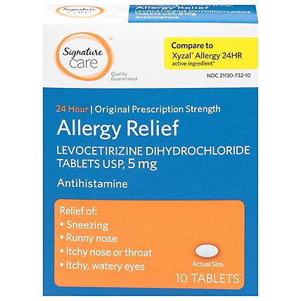 Signature Care Allergy Relief Levocetirizine Dihydrochloride USP 5mg 24 Hour Tablet - 10 Count - Image 1