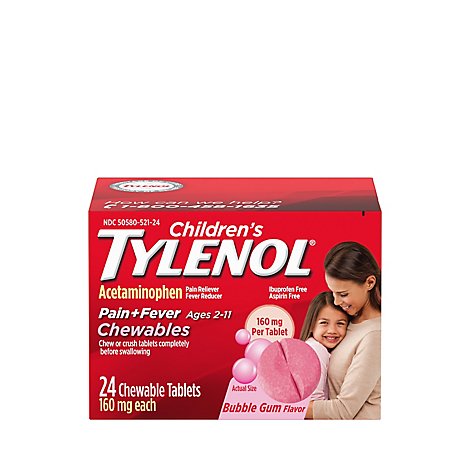 TYLENOL Pain Reliever/Fever Reducer Tablet Chewable 160mg Ages 2-11 Bubblegum - 24 Count