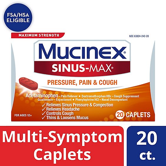 Mucinex Sinus-Max Medicine For Pressure Pain & Cough Maximum Strength Caplets - 20 Count