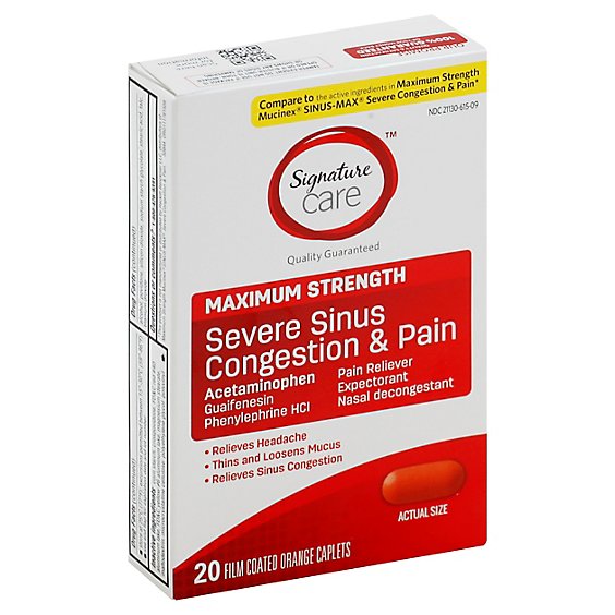 Signature Care Severe Sinus Congestion & Pain Relief Maximum Strength Caplet - 20 Count