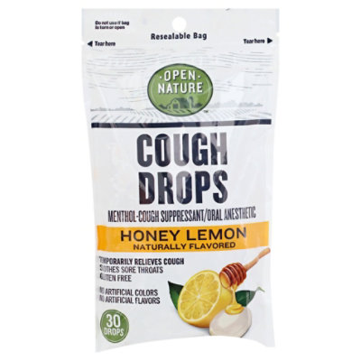 Open Nature Cough Drops Cough Suppresant Oral Anesthetic Menthol Honey Lemon - 30 Count - Image 1