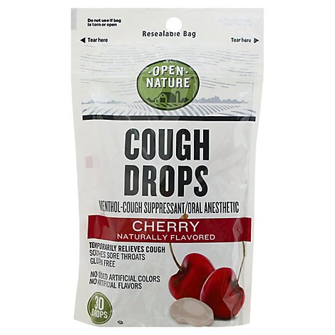 Open Nature Cough Drops Cough Suppresant Oral Anesthetic Menthol Cherry - 30 Count