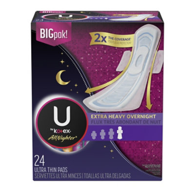 U by Kotex AllNighter Pads Ultra Thin Overnight with Wings Extra Heavy - 24 Count